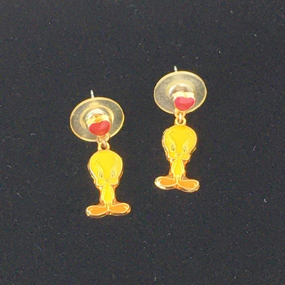 Vintage Tweety Bird Heart Enamel Earrings Gold Pierced Dangle By WB Foster Grant - Picture 6 of 11